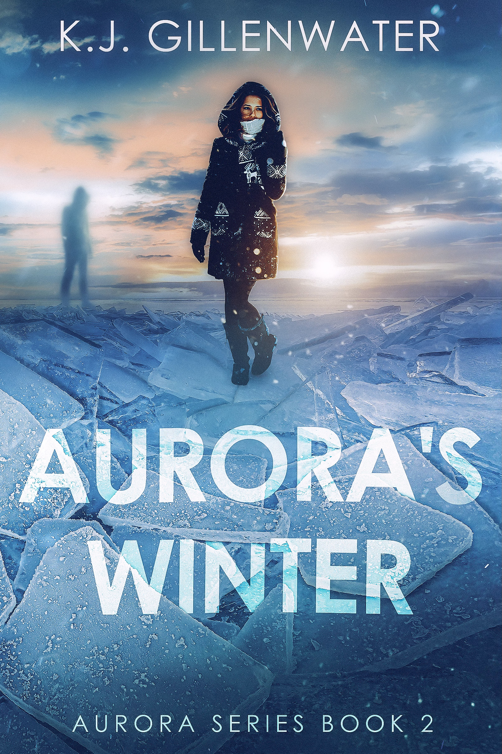 A person walking on ice with the words aurora 's winter written in front of them.